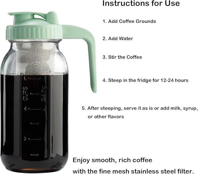 Fermus Cold Brew Coffee Maker, 32oz / 1Quart Glass Pitcher with Stainless Steel Filter and Pour Spout Handle Lid, Mason Jar for Making Cold Coffee, Fruit Drinks, Sun Tea (1, 32 Ounces)
