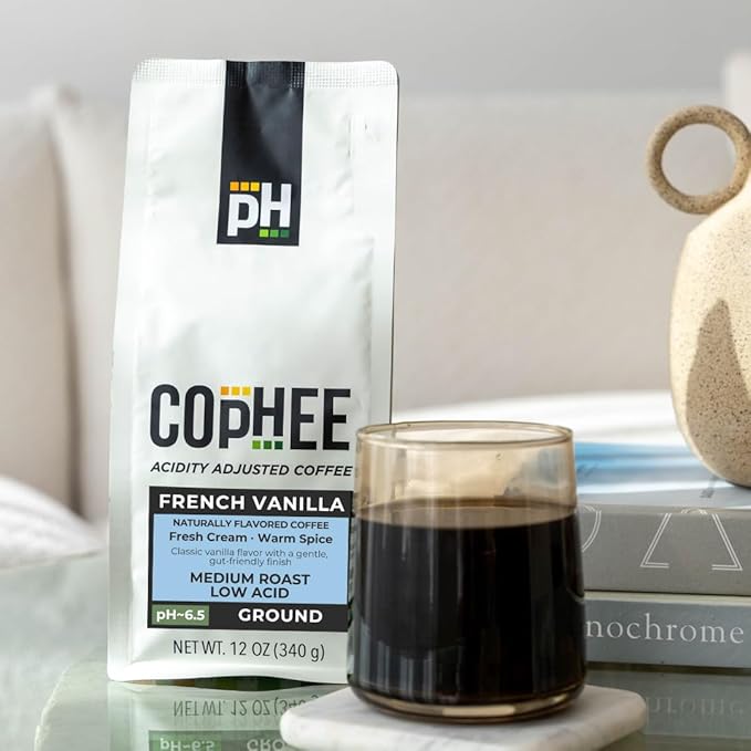 Low Acid Coffee – French Vanilla – Ground Medium Roast – Smooth Non-GMO Arabica Coffee – Electrolyte Infused for Sensitive Stomachs, Acid Reflux, and Heartburn ~pH 6.5 – 12 oz bag by COpHEE