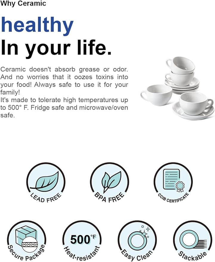 LE TAUCI 8 oz Cappuccino Cups with Saucers,Ceramic Large Coffee Cup for Au Lait, Double shot, Latte, Cafe Mocha, Tea - Set of 4, White