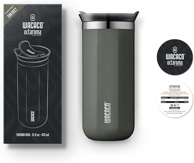 WACACO Octaroma Grande Vacuum Insulated Coffee Mug, 15 fl oz (435ml), Double-wall Stainless Steel Travel Tumbler With Drinking Lid, Dim Grey