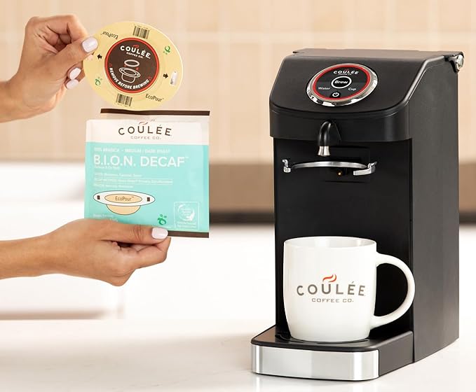 Coulée EcoPour B.I.O.N. Coffee, All Paper Single Serve Pour Over Decaffeinated Coffee, for Camping or Traveling, Pre Filled Compostable Filters, Ready to Brew with Hot Water, Plastic Free, 10 Pack