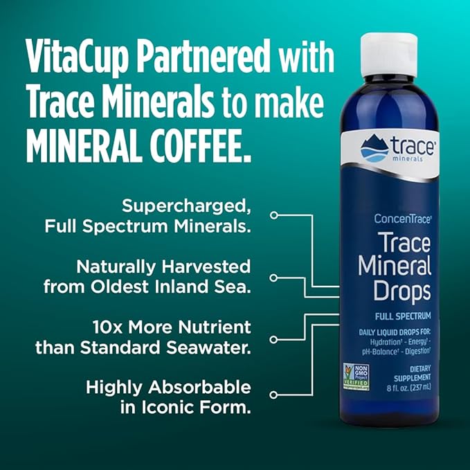 VitaCup Mineral Coffee Pods with Trace Minerals, Hydrate, Replenish & Restore, Sea Minerals, Electrolytes, Organic Coffee, Medium Dark Roast, Single Serve Pod Compatible with Keurig K-Cup Brewers,32Ct