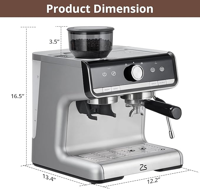 Semi-Automatic Espresso Machine - 1450W/20 Bar Professional Coffee Machine,30Grinder Settings, Fast Heating, Milk Frother Steam Wand, Home & Hotel Use, Silver