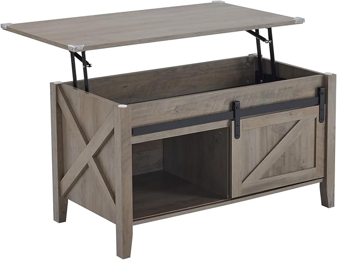 VINGLI Rustic Grey Lift Top Coffee Table, 36" Small Farmhouse Barn Door Coffee Table with Storage, Rectangular Center Coffe Table with Lifting Top, Lift Up Living Room Tables with Hidden Compartment