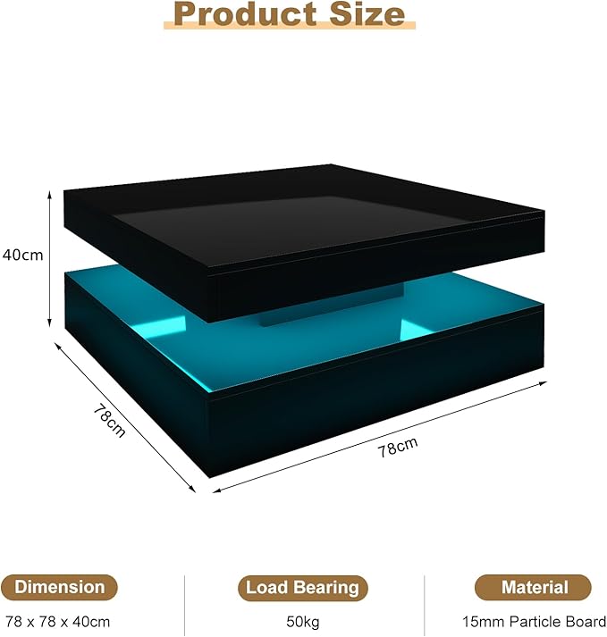 Black LED Coffee Table for Living Room, Living Room Table 2-Tier Square Middle Center Table, Modern Coffee Tables with Storage, Contemporary Wood Tea Tables for Dining Reception