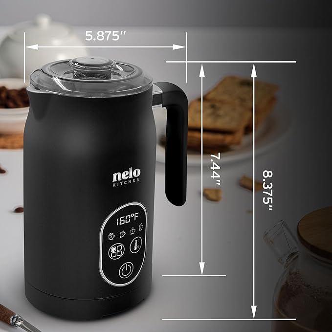 NELO Electric Milk Frother, 4 In 1 Digital Milk Frother and Steamer with Real-Time Temperature Control, Automatic Frother for Coffee, Latte, Hot Chocolate, Cappuccinos, BPA Free Stainless Steel, Black