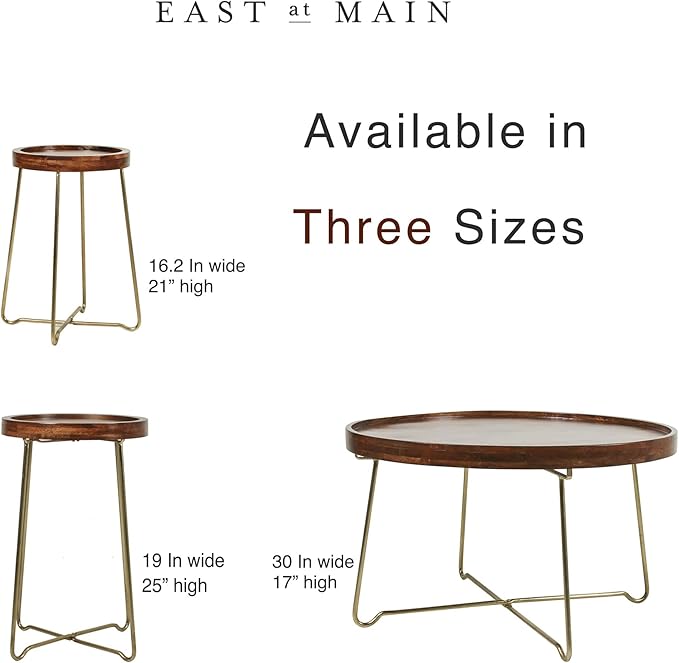 East at Main Aria 30" Round Mango Wood Tray Top Coffee Table with Metal Base – Handcrafted Farmhouse Coffee Table for Living Room