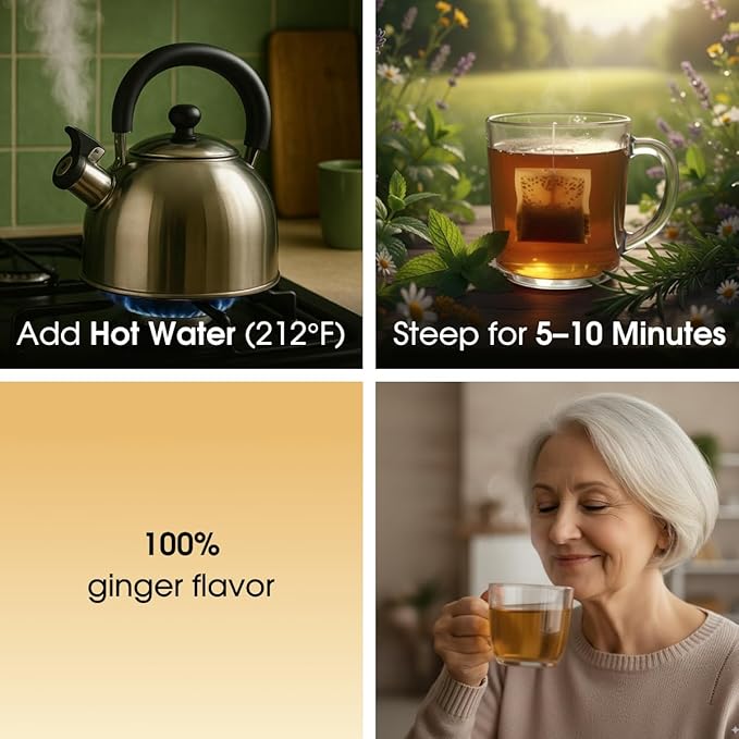 Ginger Tea Bags - 25 Bags - Premium & Spicy Ginger Herbal Tea - Pure Natural Extract Caffeine-Free and Gluten-Free Herbal Tea from Real Flowers for Relaxation with Smooth Taste (25 count)