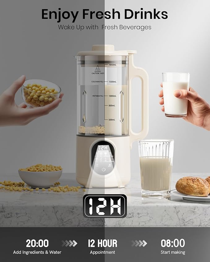 55oz Newly Nut Milk Maker Machine for Almond(Extra Large), Oat Milk,Juice, Soy Milk Maker for Auto Clean, Delay Start, Boil Water, Keep Warm, White,(5-6 Cups)