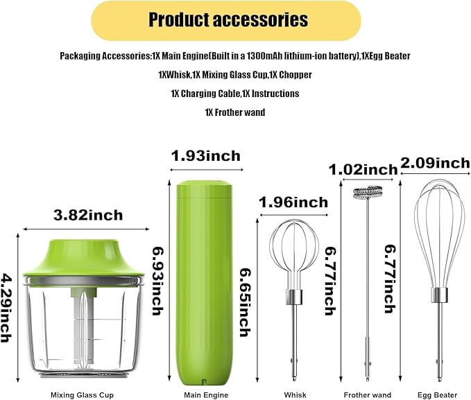 4-in-1 Cordless Hand Mixer with Whisk and Forther Wand,Electric Whisk, Milk Frother, Handheld Frother, hisker, Stirrers Electric,Coffee Frother,Food Chopper, Baby Food Maker,4-Speed, 10Oz