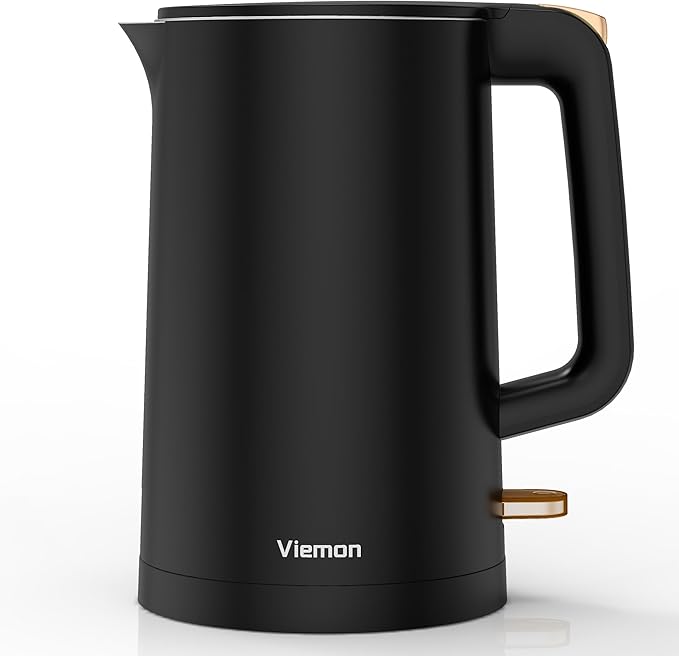 Electric Kettle, 1.7L Double Wall Stainless Steel Cool Touch, Water Boiler & Heater, 1500W Hot Tea Pot, Boil Dry Protection & Auto Shut-Off, Cordless Base & LED Indicator, Black Gold