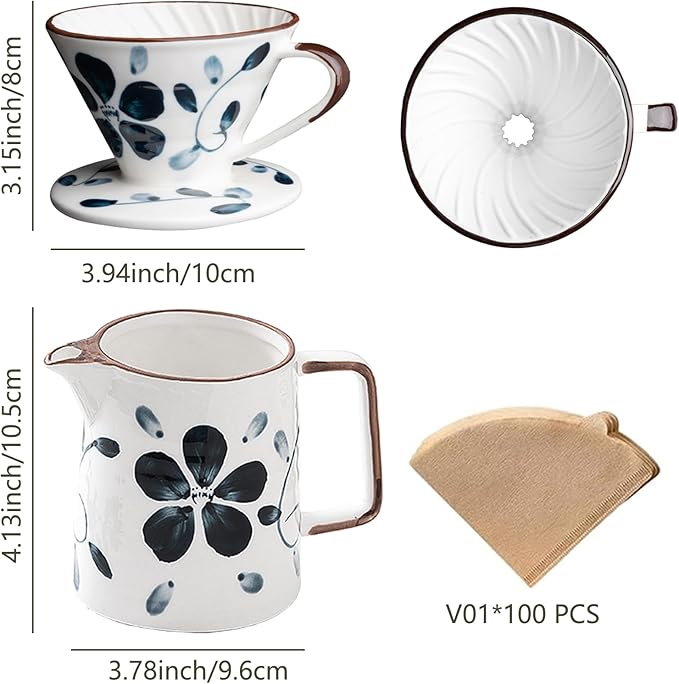Ceramic Pour Over Coffee Maker Set, 60 Angle Ceramic Coffee Dripper with Single Hole, Coffee Pot & 100 Paper Filters for Home, Travel, Camping (1-2 Cup)