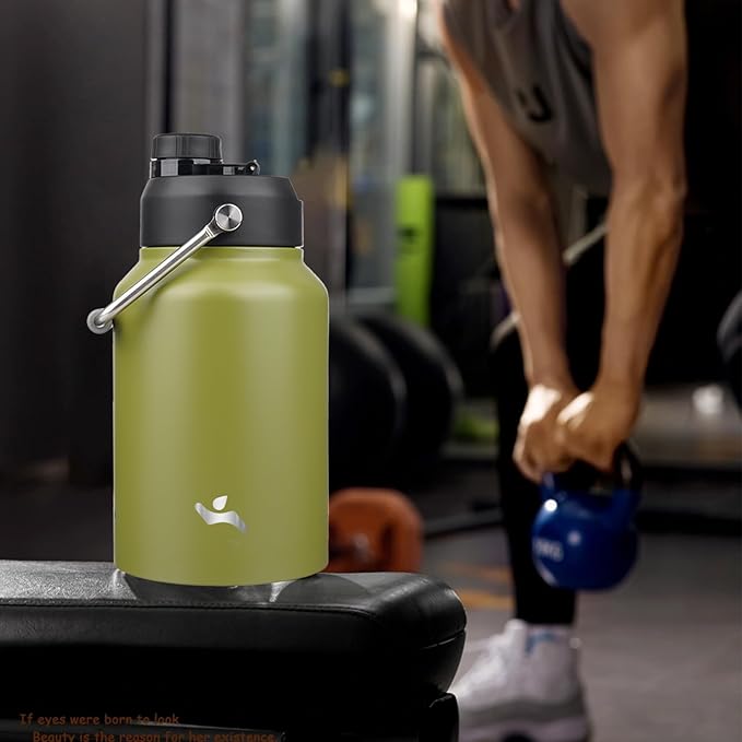 Half Gallon Jug with Handle,64 oz Insulated Water Bottle with Carrying Pouch,Double Wall Vacuum Stainless Steel Metal Bottle,Forest Green