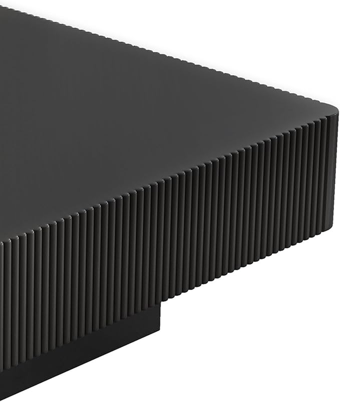 31.6 Inch Square Drum Coffee Table, Modern Handcraft Fluted Drum Coffee Table, Wooden Square Center Table Cocktail Table with Stable Pedestal for Living Room Apartment (Black)