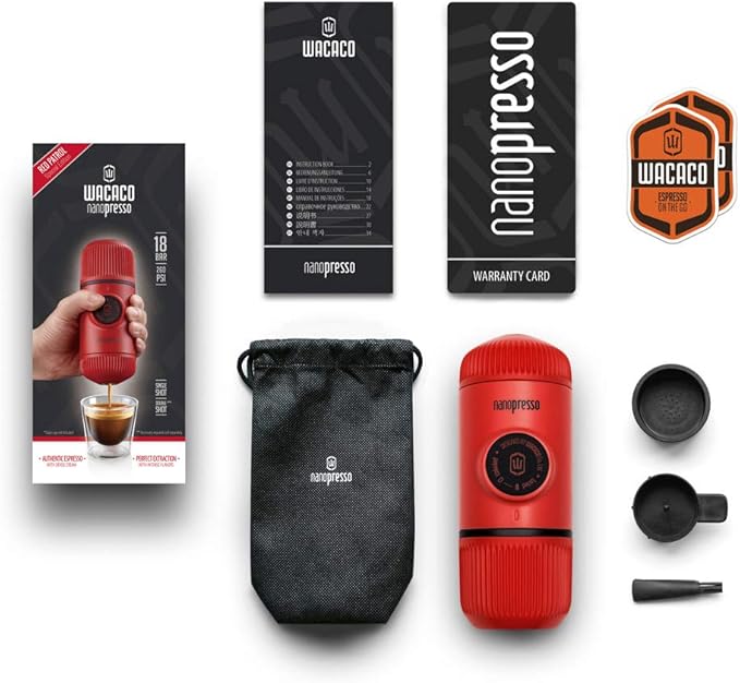 WACACO Nanopresso Portable Espresso Maker, Upgrade Version of Minipresso, 18 Bar Pressure, Mini Travel Coffee Machine, Manually Operated, Perfect for Camping and Hiking, Red