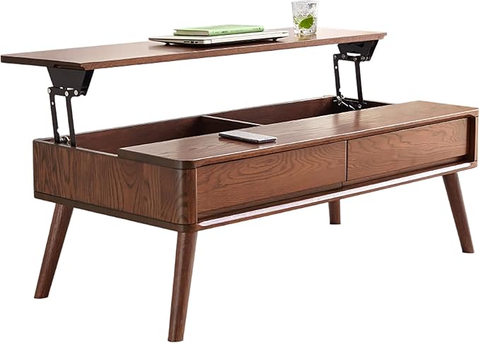 Wood Lift Top Coffee Table, 100% Solid Oak Wood Small Rising Dining Center Tables with Storage Shelf and Hidden Compartment for Living Room 40D x 22W x 26H