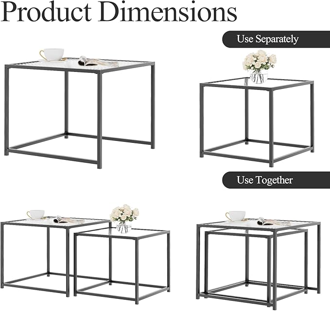 VILAWLENCE Coffee Table Set of 2, Modern Black Glass Side Table, Metal Frame Square End Table, Center Tables, Nesting Coffee Table for Living Room, Bedroom and Small Spaces, 23.6 in