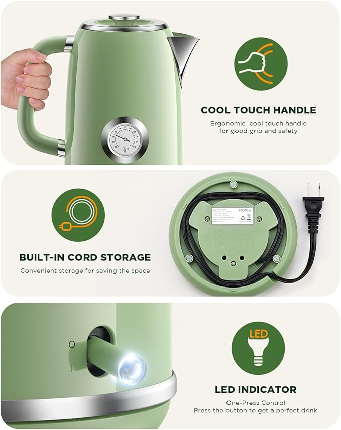 Electric Kettle 1.8L with Temperature Gauge, 1500W Fast Boiling Electric Tea Kettle, 100% Stainless Steel Retro-Style Hot Water Kettle Electric - Glowing LED Light, Auto Shut-Off & Boil-Dry Protection