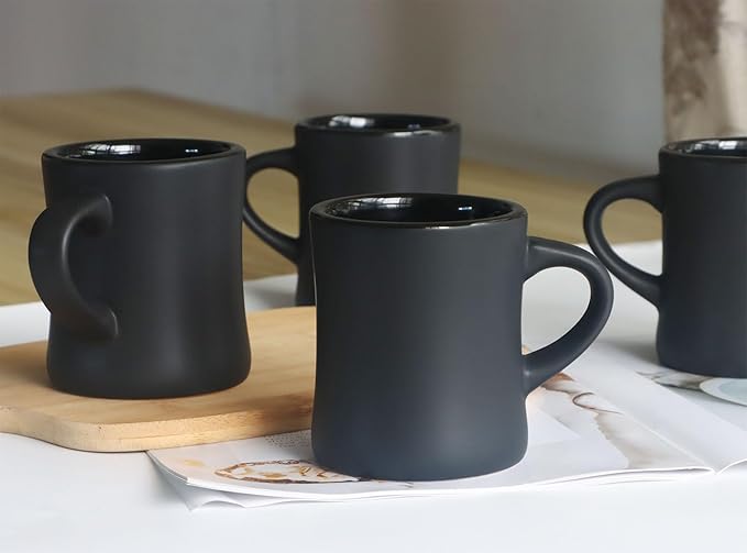 harebe Retro Coffee Mug Set of 4, 10 OZ Heavy Classic Ceramic Diner Cups Set with Handle for Coffee, Tea, Cocoa, Milk, Latte(Black)