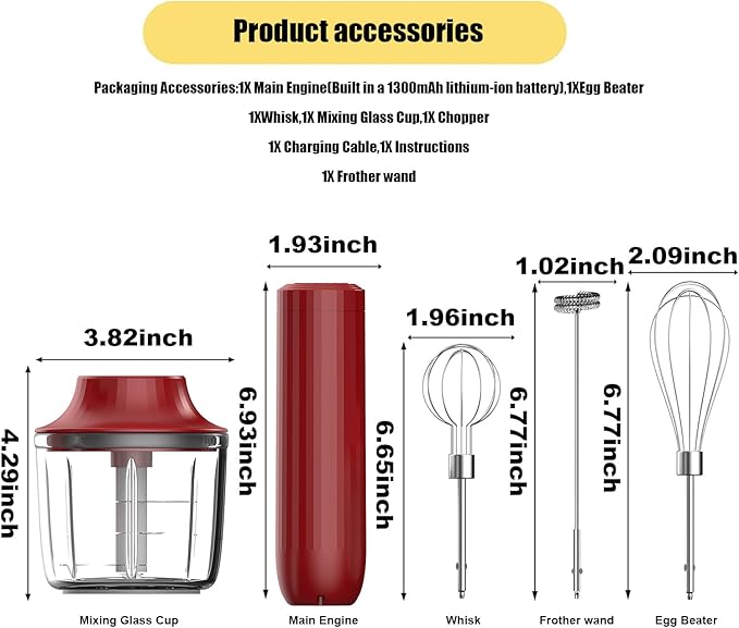 4-in-1 Electric Hand Mixer, Electric Whisk, Mini Onion Chopper 10Oz, Small Cordless Hand Blender, Milk Frother Wand for Coffee, Matcha, 4 Speed Rechargeable Food Processor for Baby Food Maker