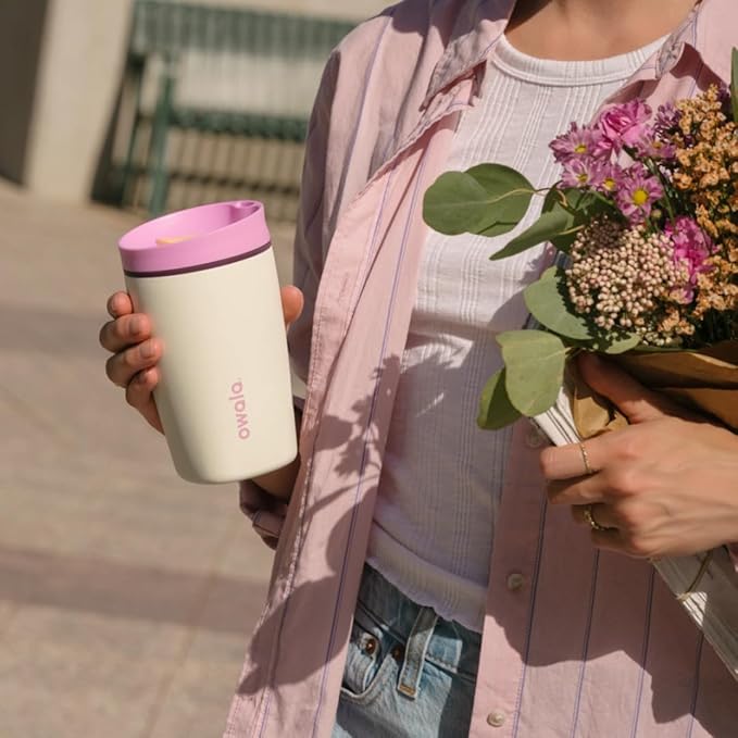 Owala SmoothSip Slider Insulated Stainless Steel Coffee Tumbler, Reusable Iced Coffee Cup, Hot Coffee Travel Mug, BPA Free 12 oz, Pink/Tan (Daybreak)