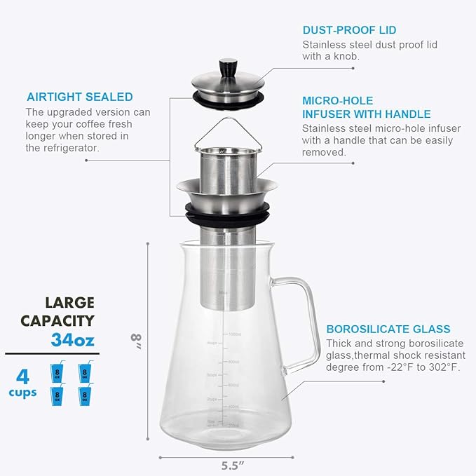 Aquach 34 Oz Cold Brew Coffee & Iced Tea Maker – Airtight Lid, Dishwasher Safe, Borosilicate Glass Caraf
