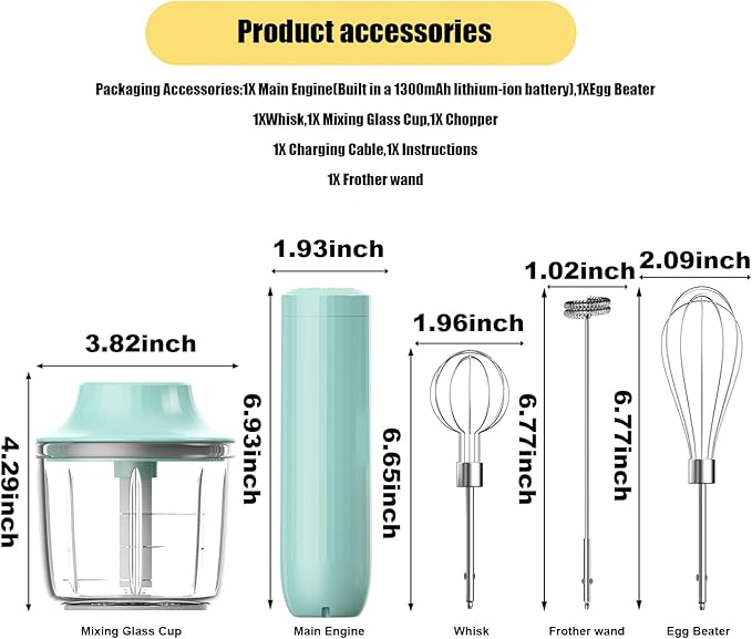 Hand Mixer with Whisk and Forther Wand,Electric Whisk, Milk Frother, Hand Held Mixers,Cordless Hand Mixer, Whisks for Cooking, Mini Mixer,Stirrers Electric,Food Chopper, Baby Food Maker,4-Speed, 10Oz