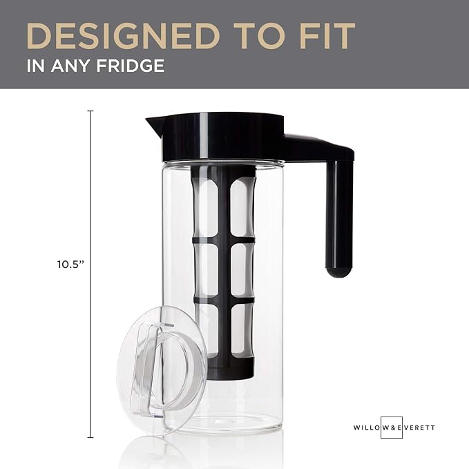 Willow & Everett Cold Brew Coffee & Iced-Tea Maker Pitcher, 1.3 L Glass Dispenser Metal & Plastic Lid Mesh Filter Iced Coffee & Sun Tea Brewing System
