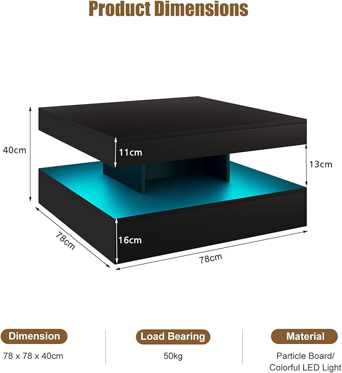 Black LED Coffee Table for Living Room, Living Room Table 2-Tier Square Middle Center Table, Modern Coffee Tables with Storage, Wood Tea Tables for Dining Reception, Skin Feeling