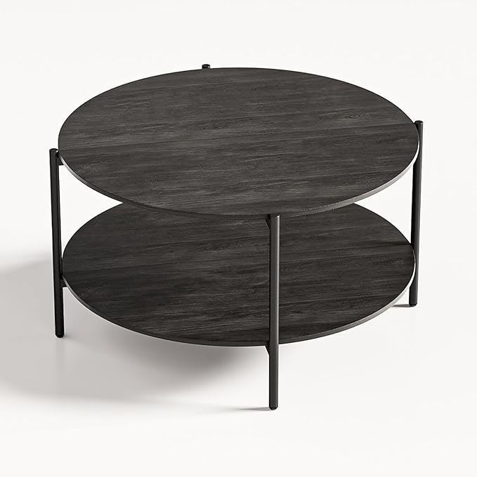 Round Coffee Table, 2-Tier 32.9" Circle Coffee Tables with Storage Wood Rustic Farmhouse Center Circular Coffee Table for Living Room Bedroom Balcony Office - Grey