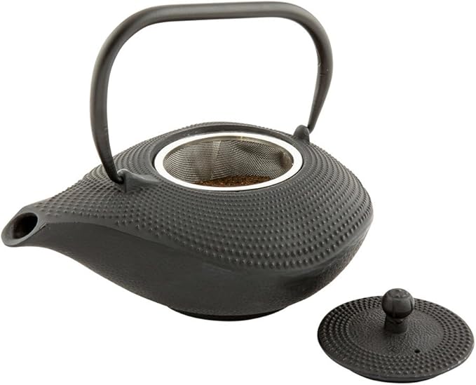 Restaurantware Tetsubin 34 Ounce Cast Iron Teapot 1 With Strainer Iron Teapot - Retains Heat Curved Handle Black Cast Iron Japanese Tea Kettle Hobnail