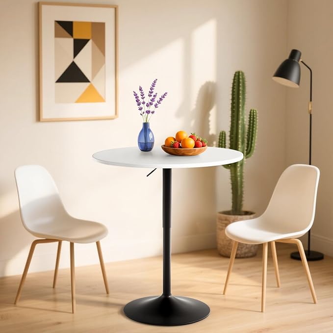 Athena Collection Bar Table Modern Round Cocktail Table Height Adjustable, Tall Bistro Pub Table with Sturdy Base, Suitable for Home, Kitchen, Pub, Restaurant, White