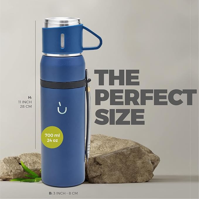 BALIBETOV Camping Thermal Flask for Mate - Vacuum Insulated With Double Stainless Steel Wall- A Mate Thermal Flask Specially Designed as Mate Argentino Kit that includes Bombilla and Mate Cup (Blue)
