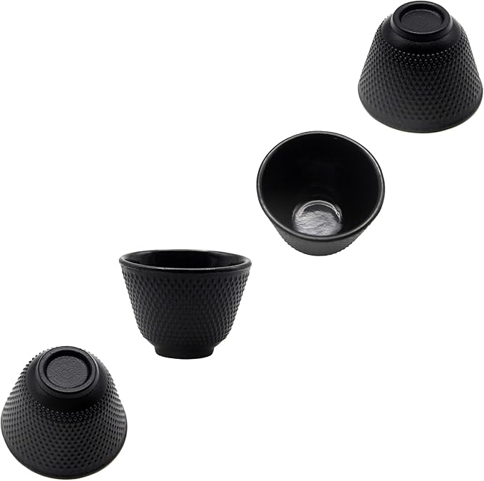 Japanese Cast Iron Tea Cups, Small and Heavy Teacups with no Handles, Japanese Style Cup for Adults, Asian Teacup, Coated with Enameled Interior, 4 Pcs/Box (Black, 3.38oz/100ml)