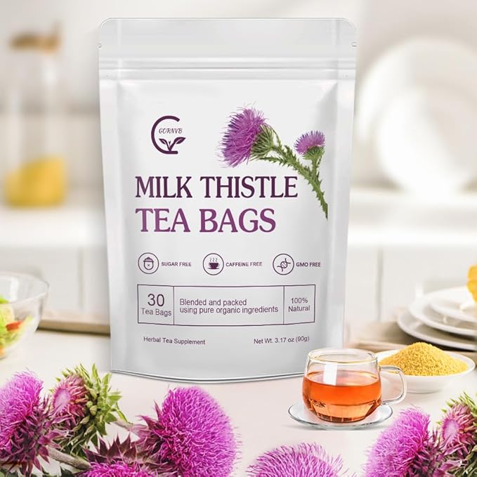 Organic Milk Thistle Tea Bags, Liver Support Herbal Tea, Caffeine Free, 30 Tea Bags