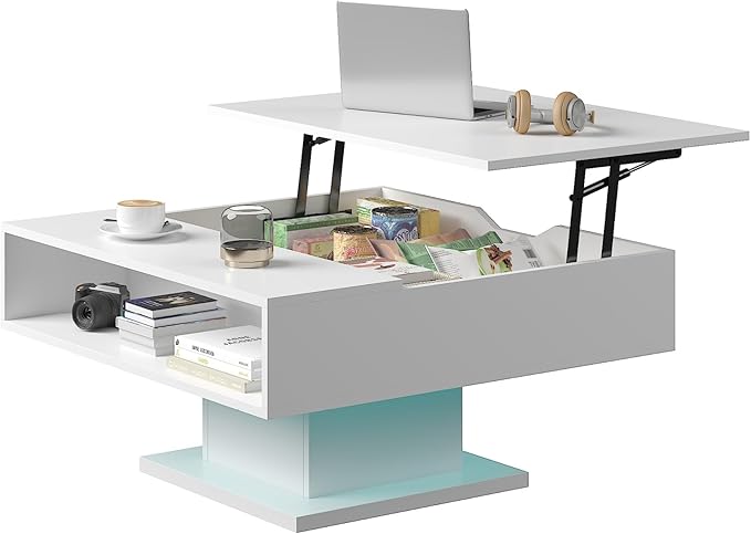 White 30.7" Lift Top Coffee Table with Storage, Square Led Coffee Table with Large Hidden Storage, Wood Living Room Table Led Center Table for Dining Reception Room