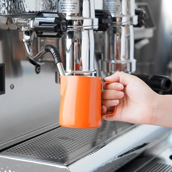 watchget Stainless Steel Milk Frothing Pitcher 12oz/350ml - Espresso Steaming Pitcher for Cappuccino, Latte Art, Coffee Machine Accessories Milk Jug Coffee Frother Cup, Orange