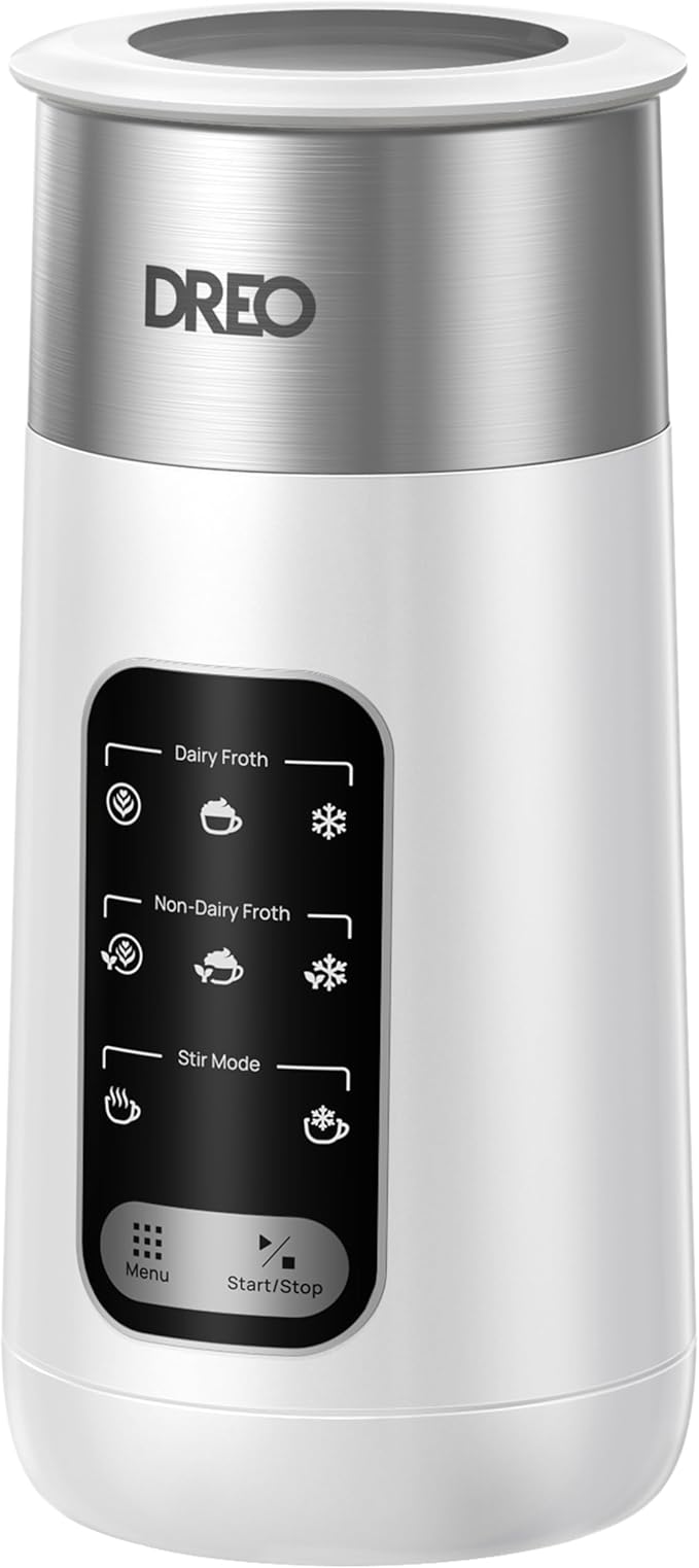 Dreo 8-in-1 Milk Frother, Electric Stainless Steel Frother for Latte Art Microfoam and Coffee, 9oz/270ml Warm and Cold Foam Automatic Frothers, LED, Pearl White