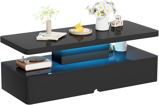 oneinmil Modern LED Coffee Table, 40" Living Room Tables with 16 Colors LED Lights, Double-Layer Design, Stylish Coffee Tables for Living Room, Black