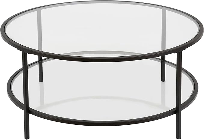 Henn&Hart 36" Round Coffee Table with Glass Top and Glass Open Storage Shelf for Living Room, Family Room, Office, or Apartment, Blackened Bronze