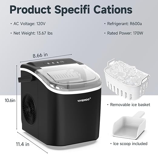 Countertop Ice Maker with Handle,26lbs/24H Bullet Ice Machine, 9 Ice Cubes Ready in 6 Mins,Self-Cleaning Sonic Ice Maker with Basket & Scoop,for Home/Office/Kitchen/RV/Party