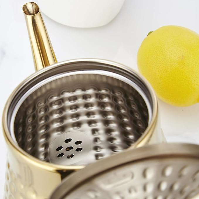 SANQIAHOME 1.6L(54oz) Stainless Steel Hammer Patterned Teapot With Removeable Infuser,Loose leaf cover,Gold