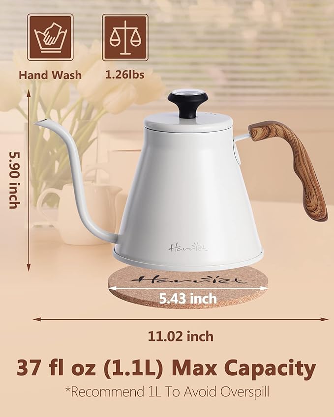 Harriet Gooseneck Kettle with Thermometer for Pour Over Coffee and Tea, 37 fl oz, Stainless Steel, Durable 3-Layer Base, Ideal Spout for Precision Pouring, Compatible with all Stove Tops, White