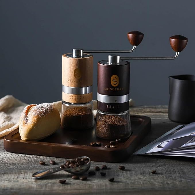 Premium Manual Burr Coffee Grinder - Made with real Beechwood; Hand Coffee Grinder with Stainless Steel Burr Mill; Extra-Fine to Coarse Coffee & Espresso Burr Grinder (Dark Brown)