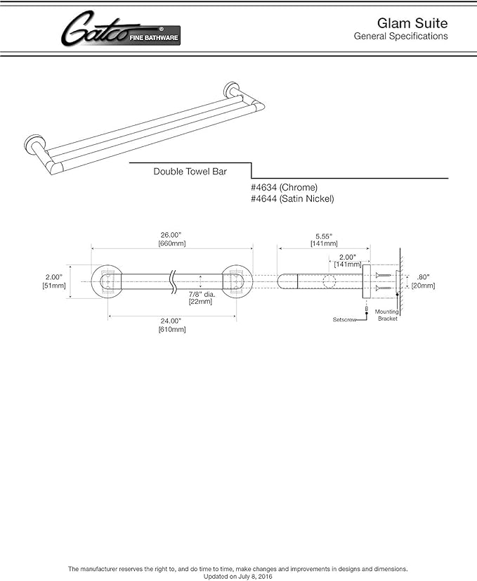 Gatco 4634 Glam Double Towel Bar, Chrome, 24 Inch, Double Bar