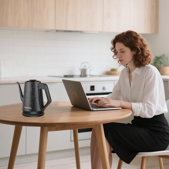 Gooseneck Electric Kettle 1.0L, 1000W Quick Heat-Up In 3 Min, 100% Stainless Steel Tea Kettle, Pour Over Coffee Kettles For Office/Travel/Kitchen, Auto Shut-Off Protection, Black Star Design, BPA-Free