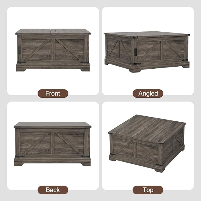 Coffee Table with Storage, 35.4" W Farmhouse Lift Top Wood Square Center Table with Charging Station, Rustic Cocktail Tables with Flip Top Lids for Living Room, Home Office, Grey