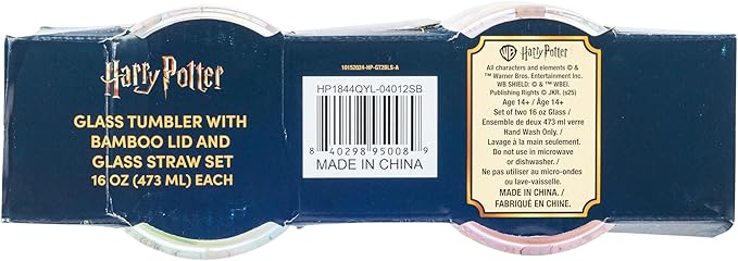 Silver Buffalo Harry Potter Iconic Icons Pattern Wands at the Ready 2 Pack Glass Jar Tumbler with Bamboo Lid and Glass Straw, 16 Ounces