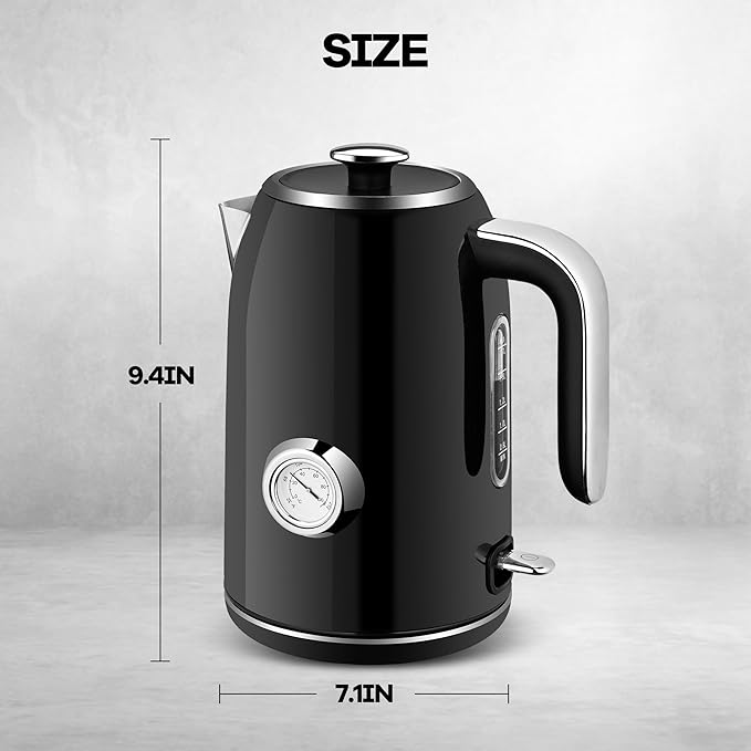 SULIVES Electric Kettle, 1.7L Stainless Steel Tea Kettle with Temperature Gauge, 1500W Water Boiler with LED Light, BPA-Free, Auto Shut-Off and Boil-Dry Protection,Black