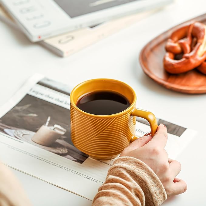 Stackable Coffee Mugs Set: 13 oz Ceramic Stacking Cups for Cappuccino Latte Tea - Microwave Safe Mug for Home & Office - 4 PCS, Mustard Yellow